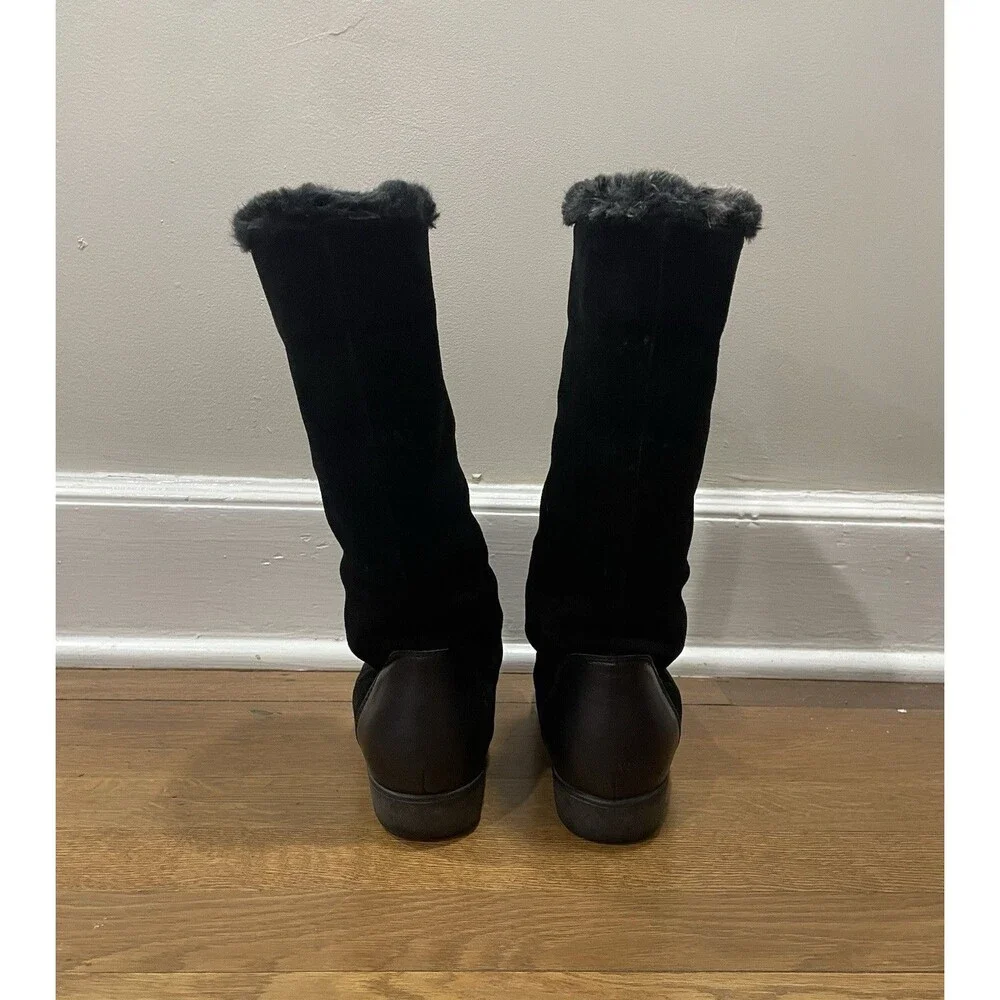 Aquatalia Black Suede Front Zipper Faux Fur Boots Women's Size 7 Cozy Winter